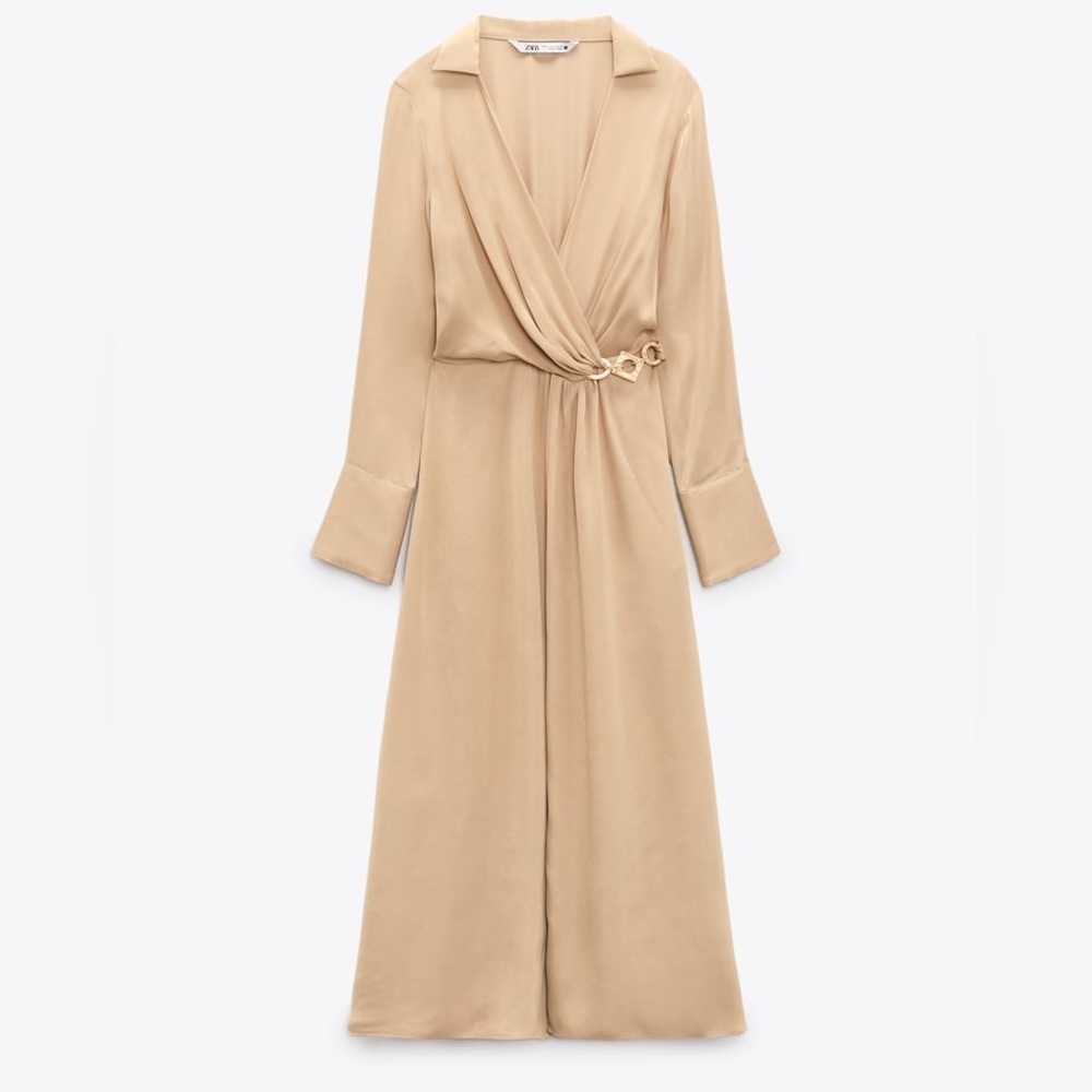 ZARA SATIN EFFECT MIDI DRESS tan small NWT